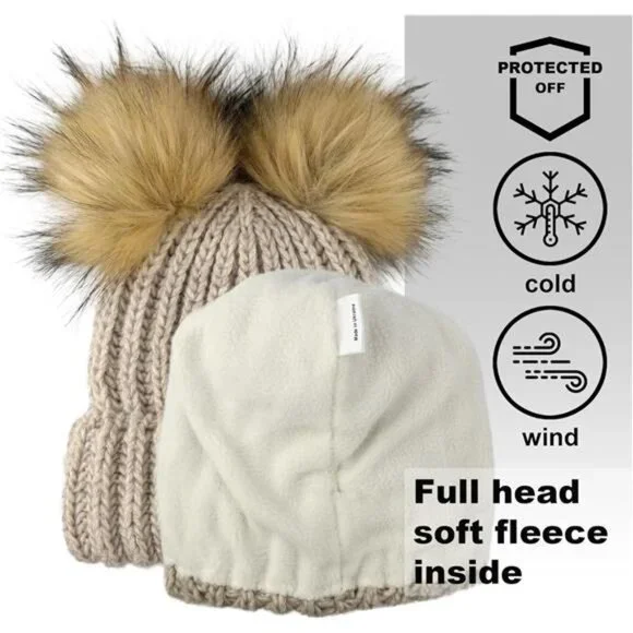 Women's Beanie Hat 2 Pom Cable Knit Winter Warm Fleece Hat Wool Cuff Ski Cap
